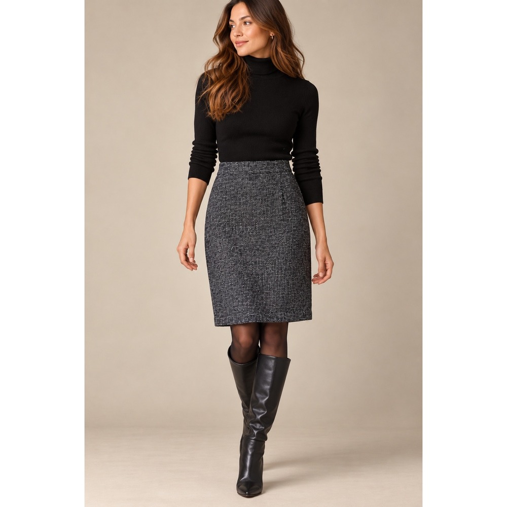 Banana Republic Womens 14 Black White Tweed Wool Blend Pencil Skirt Knee Length